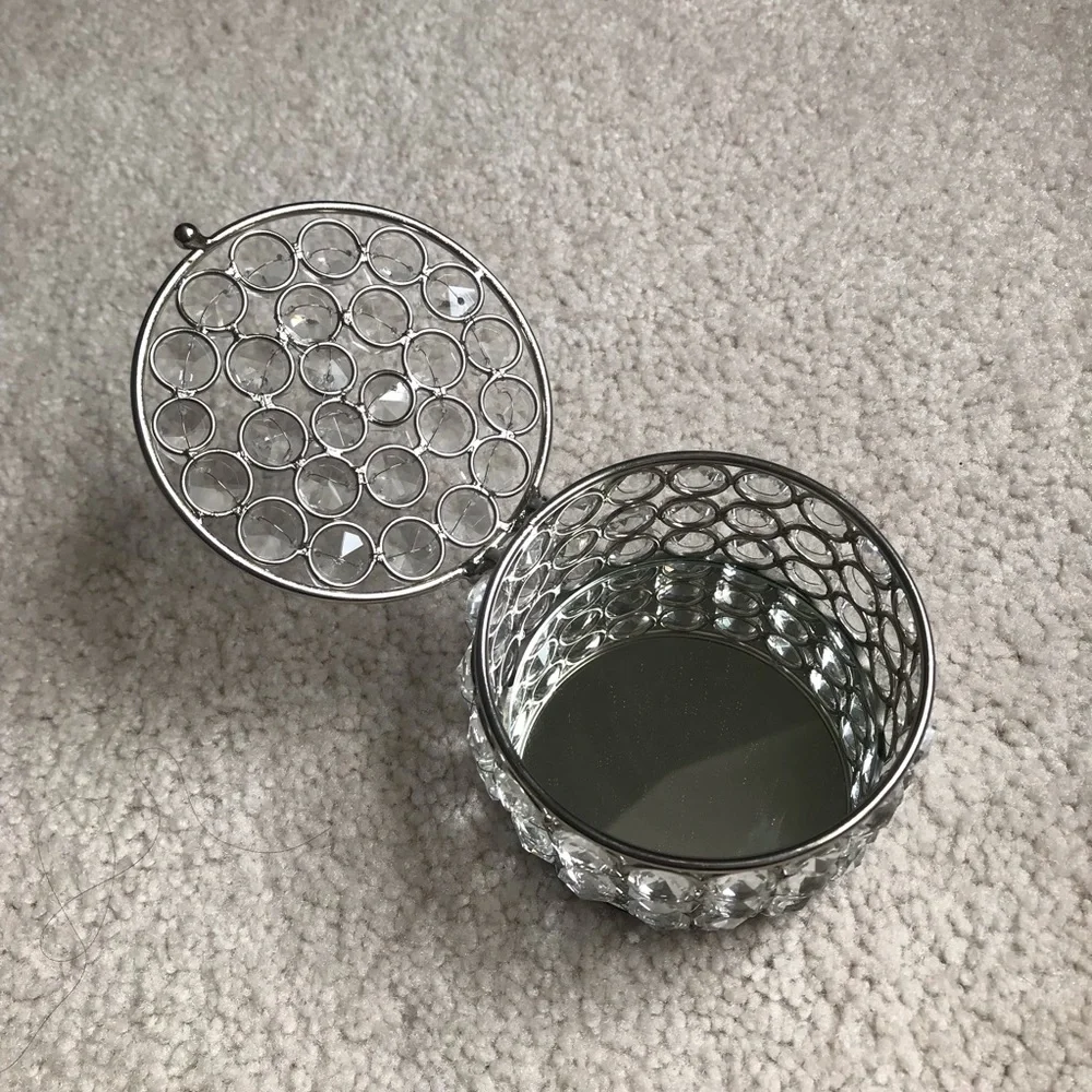 Vintage Silver Toned Rhinestone Round jewelry Box 4